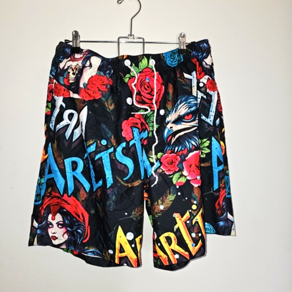 SHEIN Men's Colorful Graphic Swim Trunk with Graffiti tattoo art design Sz L